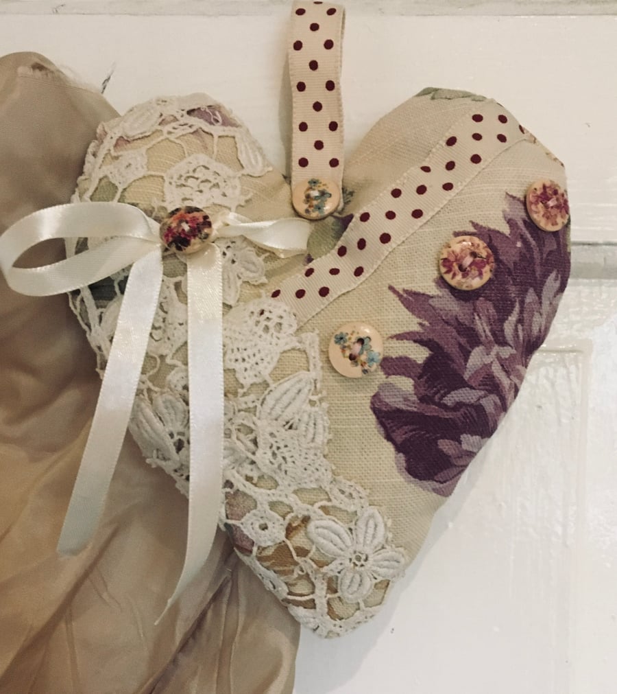 Handmade fabric shabby chic heart from recycled fabric. Heart wall hanging