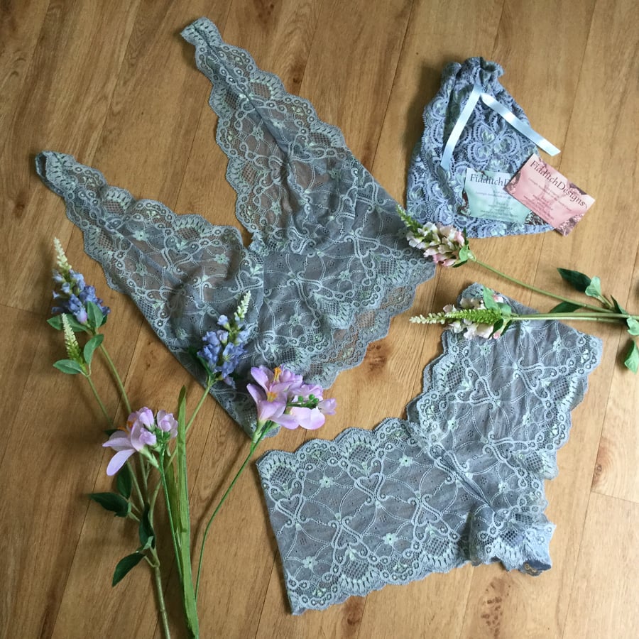Longline  bralette and short set in turquoise blue grey hand dyed lace