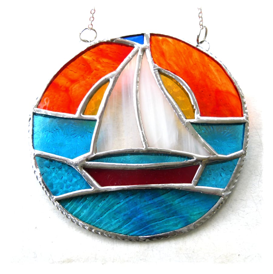 SOLD Sailboat Sunset Stained Glass Suncatcher Handmade Ring 025
