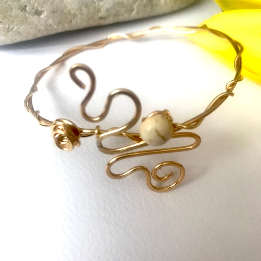 Gold Bangle featuring a White Howlite Semi Precious Stone and Small Rose