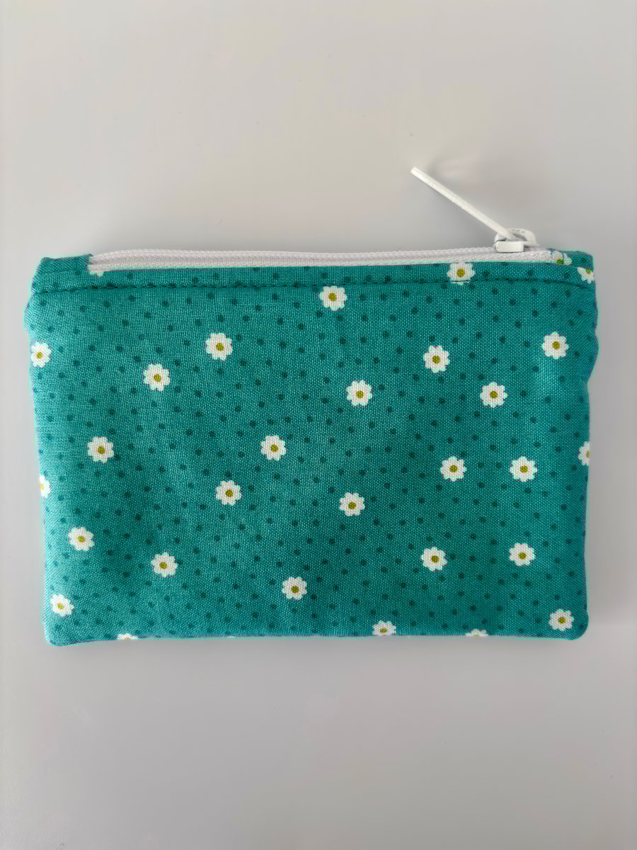 Small zipped fabric purse, pouch, make up bag, turquoise green with daises