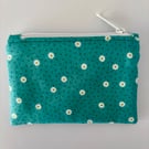 Small zipped fabric purse, pouch, make up bag, turquoise green with daises