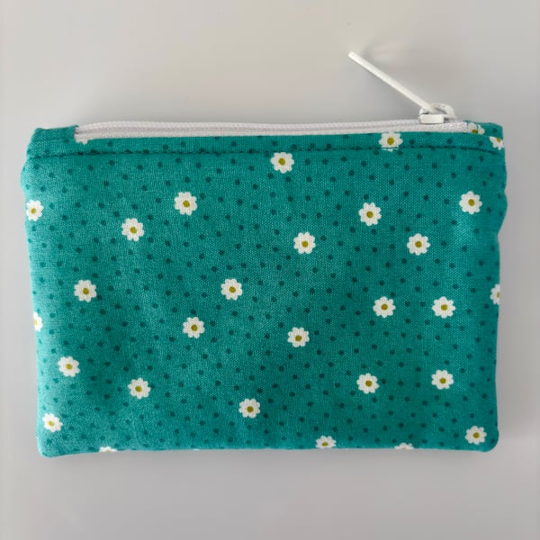 Small zipped fabric purse, pouch, make up bag, turquoise green with daises