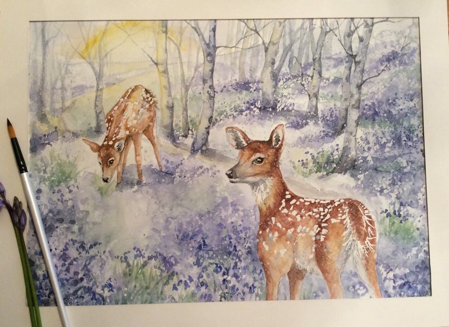 Original watercolour painting of deer in bluebell wood