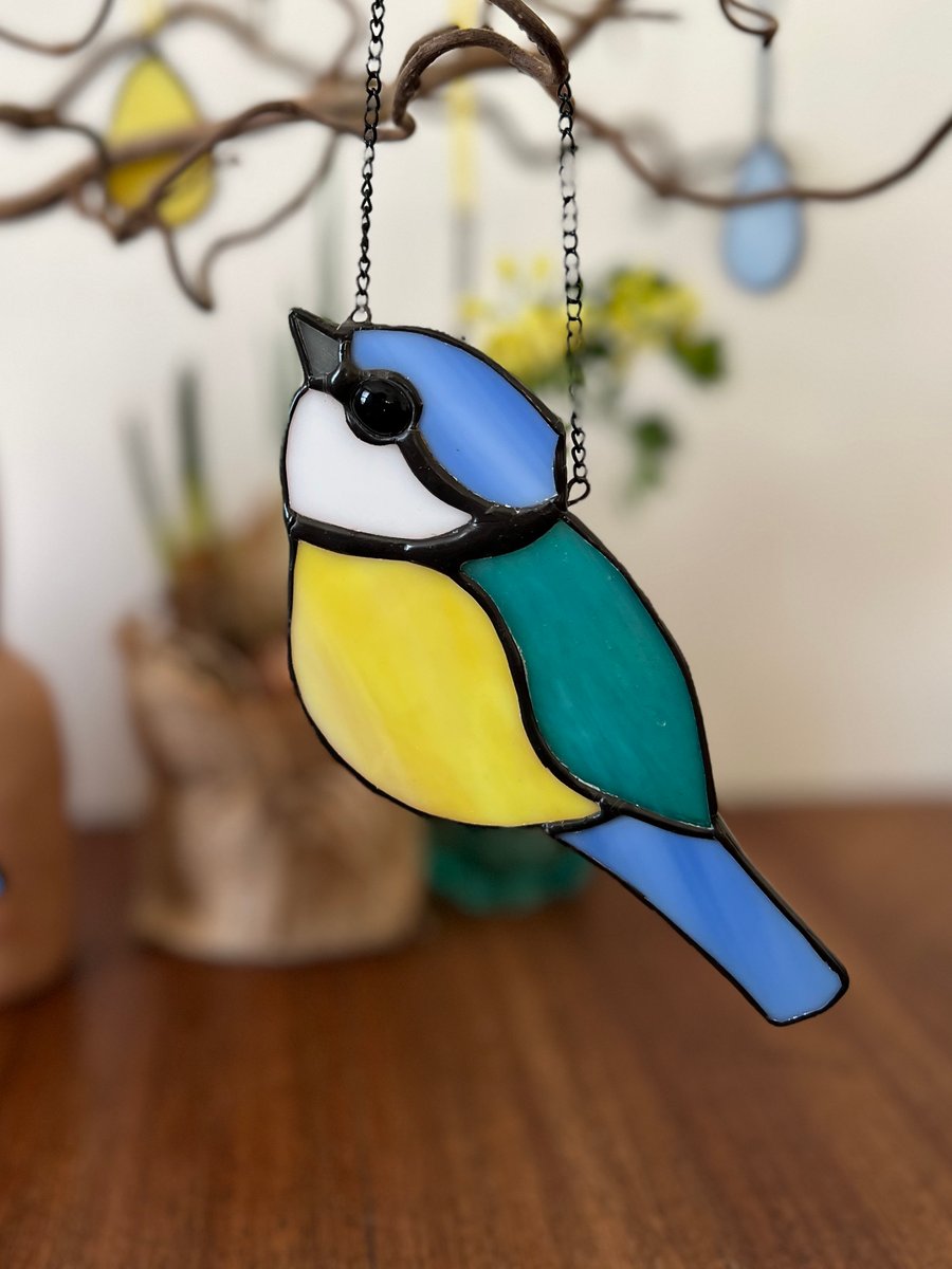 Stained Glass Blue tit in yellow and blue - bird lover