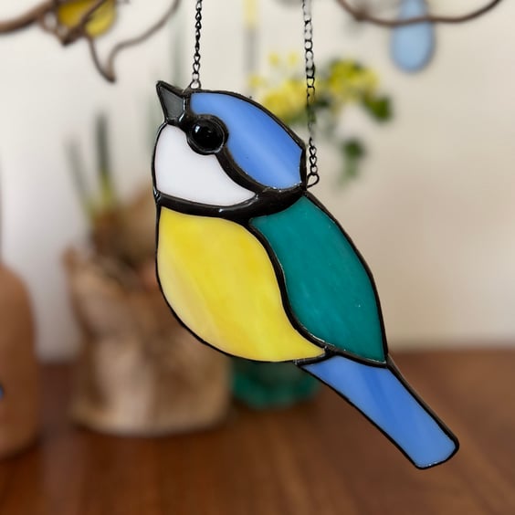 Stained Glass Blue tit in yellow and blue - bird lover