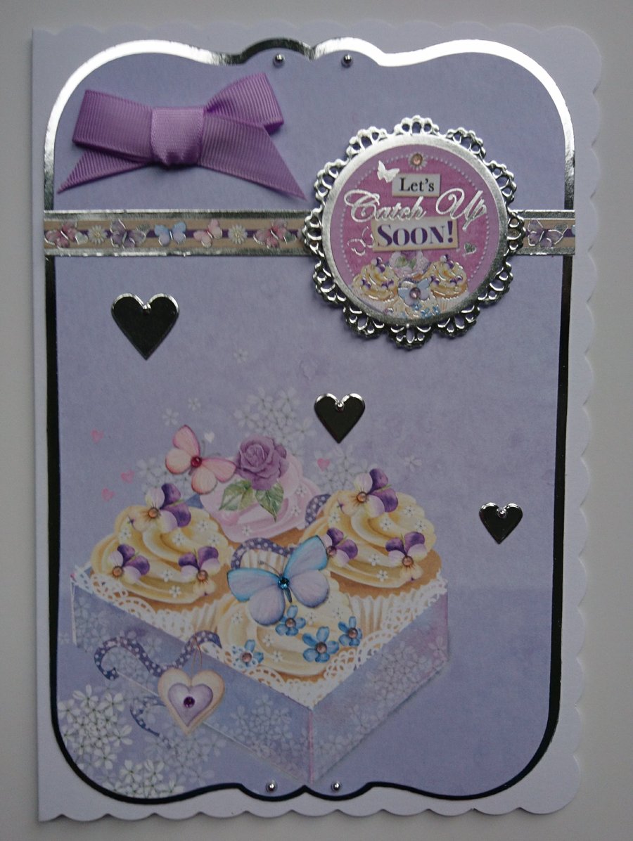 Let's Catch Up Soon Cupcakes Butterflies Any Occasion 3D Luxury Handmade Card 