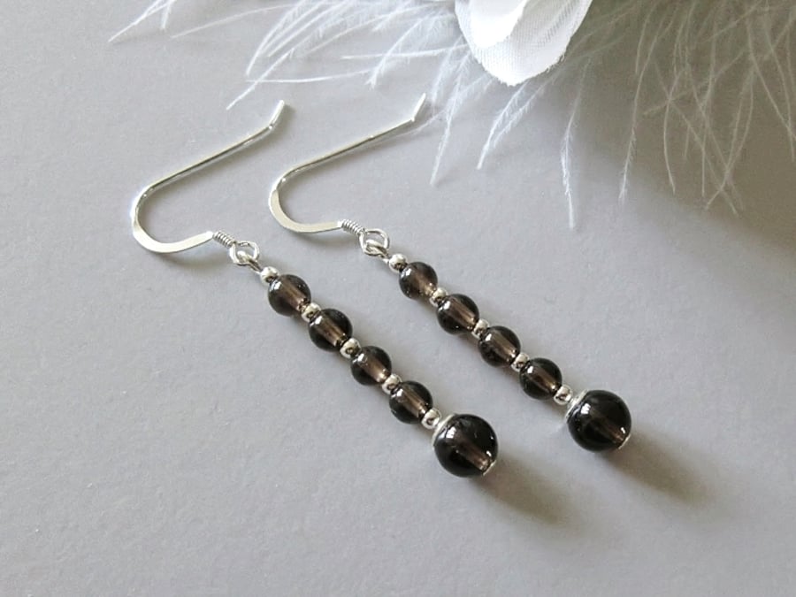 Natural Brown Smokey Quartz Stack Earrings With Sterling Silver Tubes