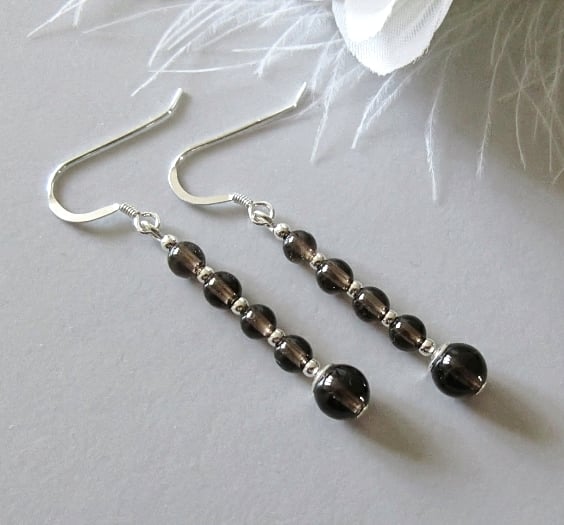 Natural Brown Smokey Quartz Stack Earrings With Sterling Silver Tubes