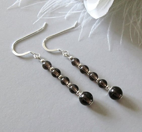 Natural Brown Smokey Quartz Stack Earrings With Sterling Silver