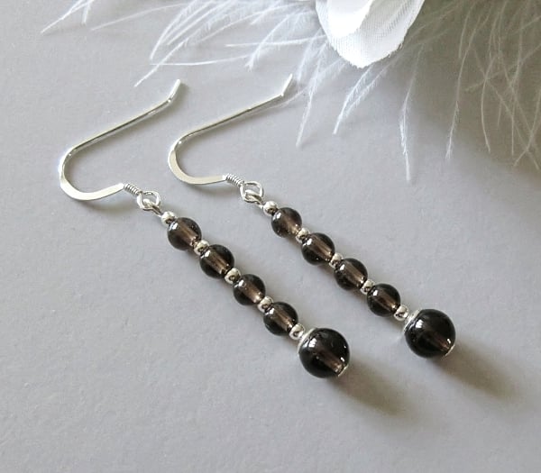 Natural Brown Smokey Quartz Stack Earrings With Sterling Silver