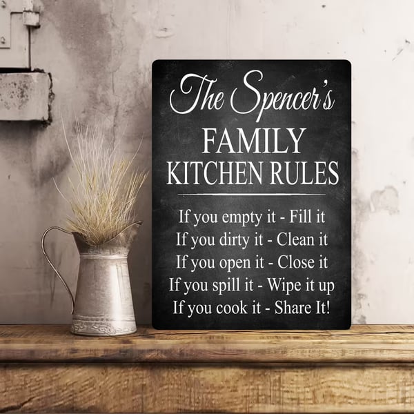 PERSONALISED Family Kitchen Rules Metal Wall Sign Gift Present Home