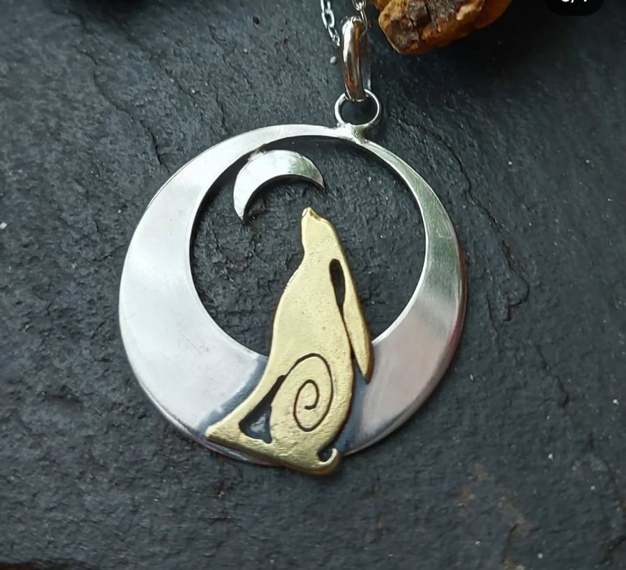 Silver Hare with brass and Crescent moon Necklace