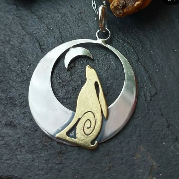 Silver Hare with brass and Crescent moon Necklace