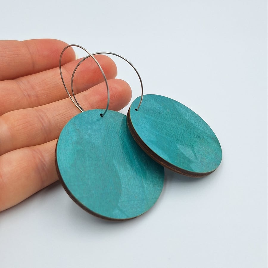 Turquoise large hand printed dangly disc wooden hoop earrings