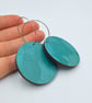 Turquoise large hand printed dangly disc wooden hoop earrings - Image 1