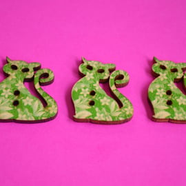 Wooden Cat Buttons Green 3pk 30x25mm Kitty Pussy Kitten (CT2)