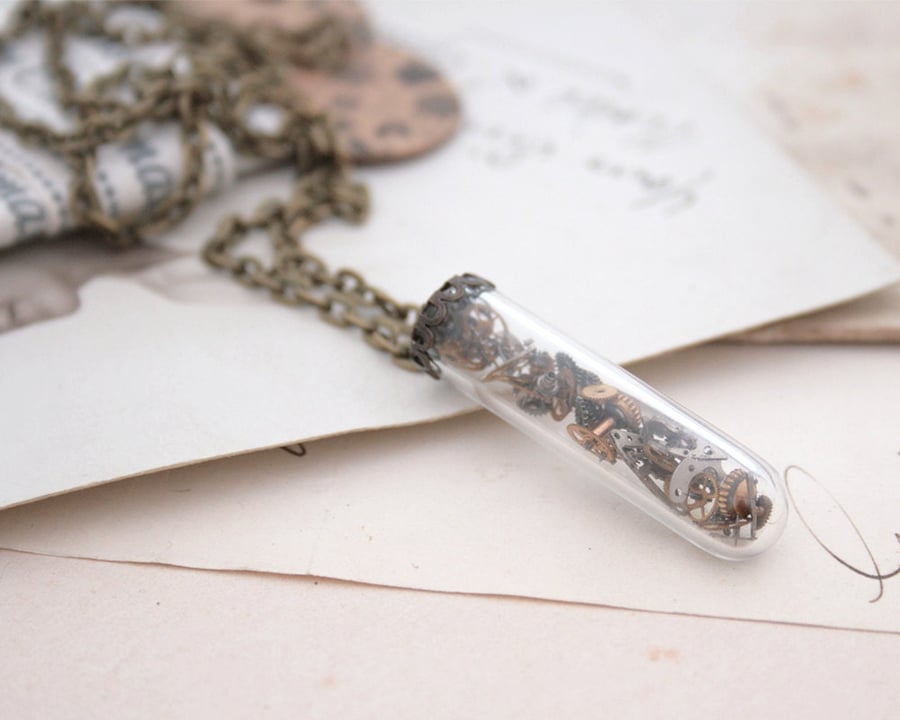 Steampunk Vial Pendant Necklace, Unisex Steampunk Glass Tube Terrarium Necklace