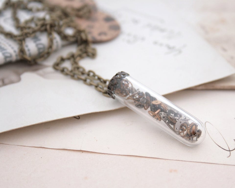 Steampunk Vial Pendant Necklace, Unisex Steampunk Glass Tube Terrarium Necklace