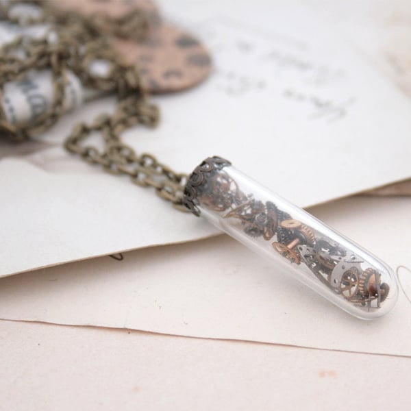 Steampunk Vial Pendant Necklace, Unisex Steampunk Glass Tube Terrarium Necklace