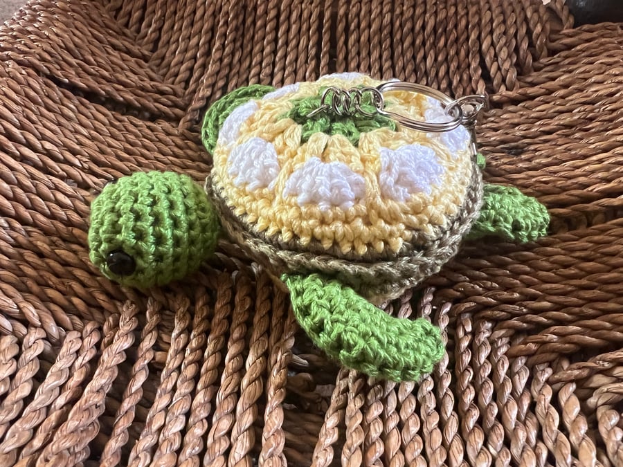 Handmade Turtle Crochet Bag Charm - Green, Yellow & White