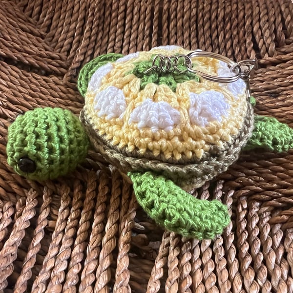 Handmade Turtle Crochet Bag Charm - Green, Yellow & White