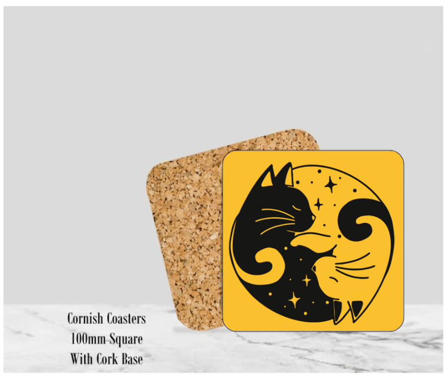 Yellow Yin & Yang Cat Coaster 4" Square With Cork Base