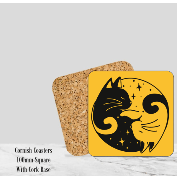 Yellow Yin & Yang Cat Coaster 4" Square With Cork Base
