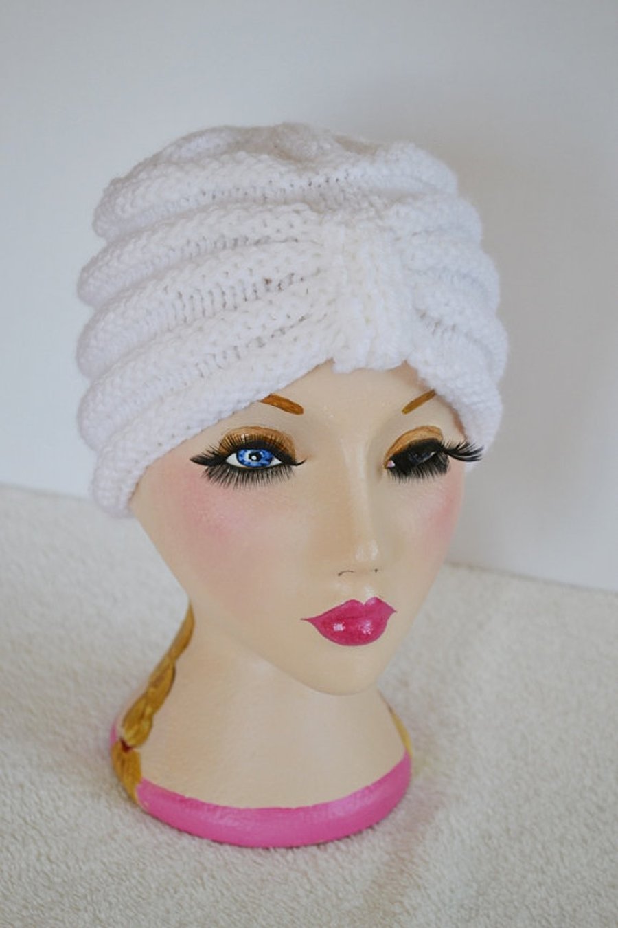 Hat Turban style beanie hat knitted in White