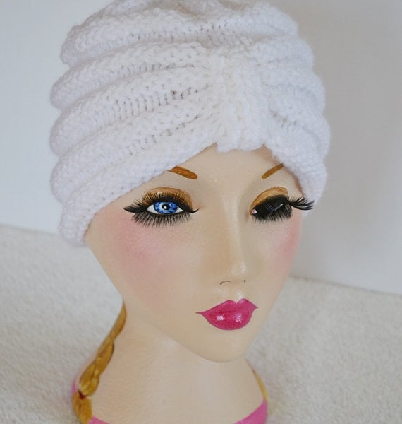 Hat Turban style beanie hat knitted in White