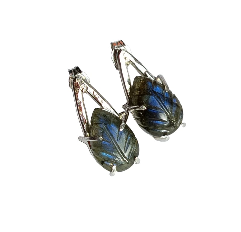 Sterling Silver Earrings Blue Flash Labradorite Leaf Gemstones Jewellery Gift