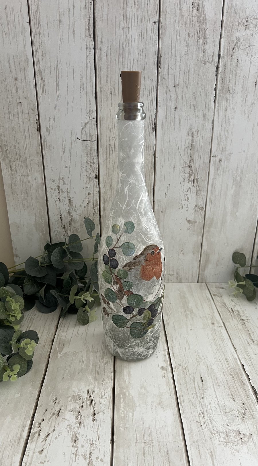 Decoupage Upcycled Glass Bottle Light - Robin, Home Decor, Nature Inspired