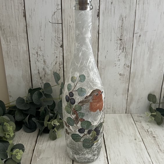 Decoupage Upcycled Glass Bottle Light - Robin, Home Decor, Nature Inspired