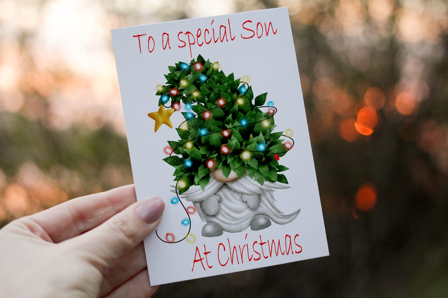 Special Son Gnome Christmas Card, Son Christmas Card, Personalized Card