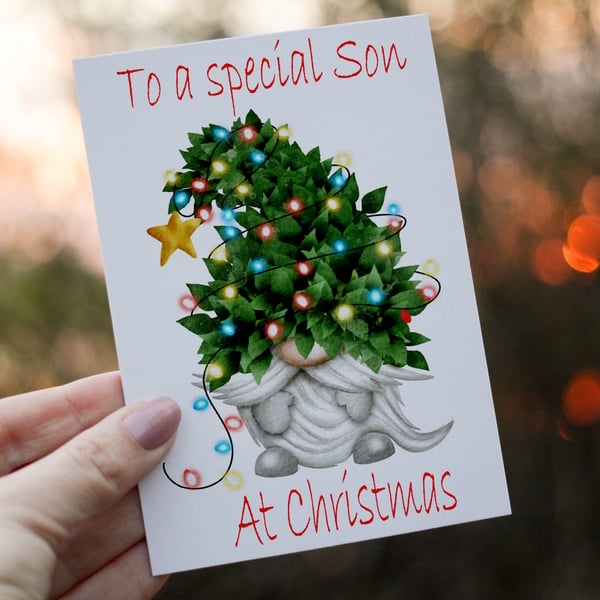 Special Son Gnome Christmas Card, Son Christmas Card, Personalized Card