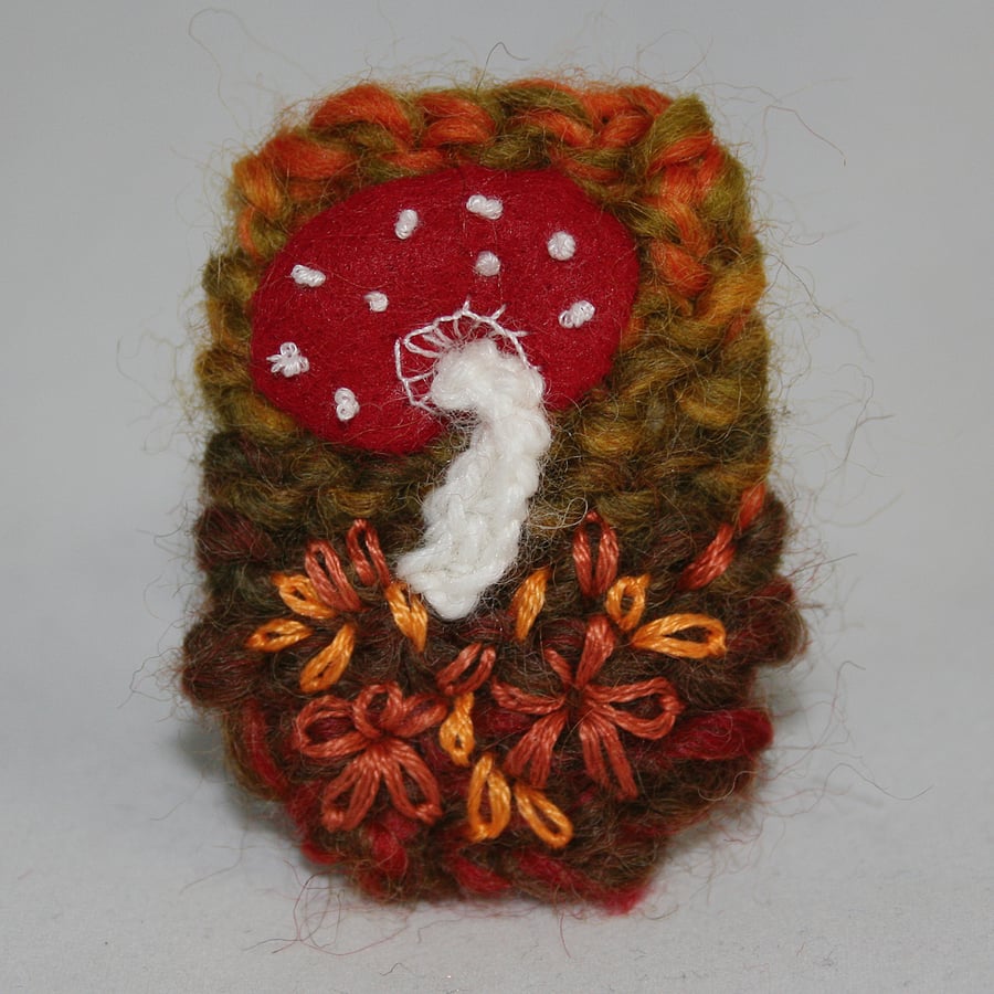 Toadstool Brooch - Embroidered and knitted