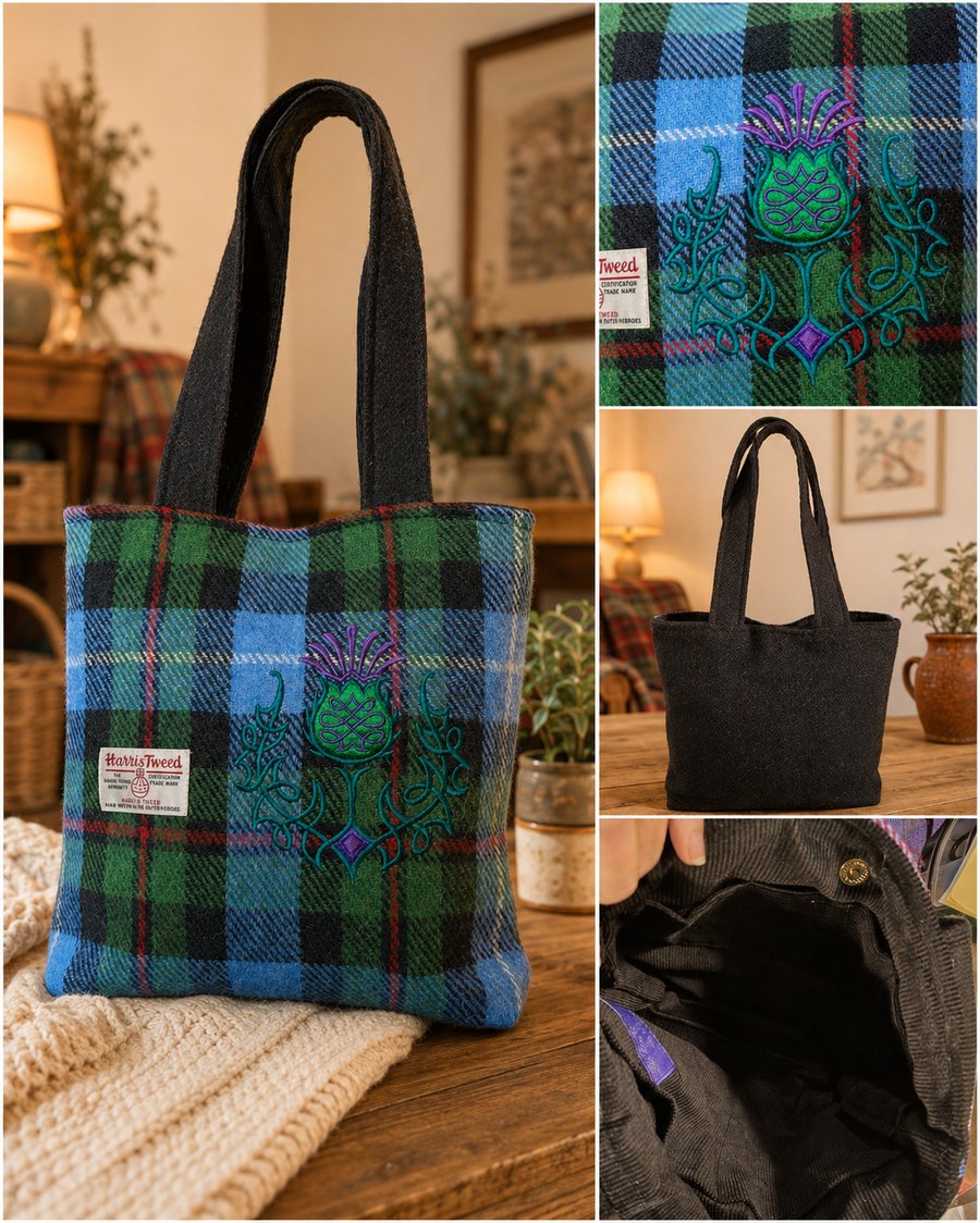 Harris Tweed Robertson Tartan Tote bag with Embroidered thistle 
