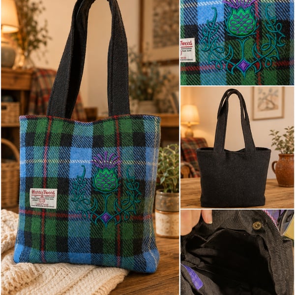 Harris Tweed Robertson Tartan Tote bag with Embroidered thistle 