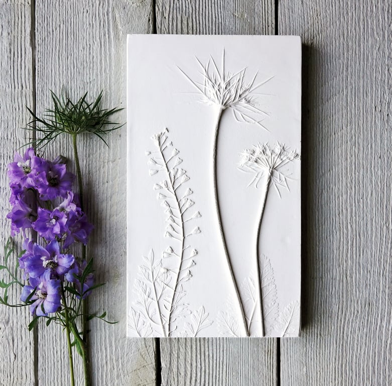 Shepherds Purse & Queen Anne's Lace Plaster Cast Wall Plaque