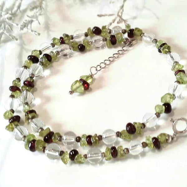 Clear Quartz, Peridot,  Indian Red Garnet Sterling Silver Necklace