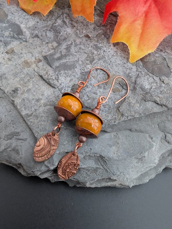Handmade Copper and Acorn Inspired Lampwork Earrings