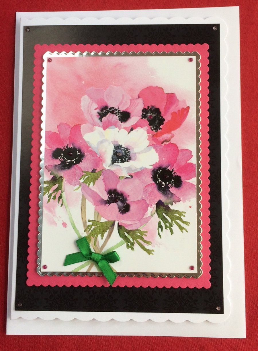 Poppy Card Pink White Poppies Bouquet Any Occasion 3D Luxury Handmade Card