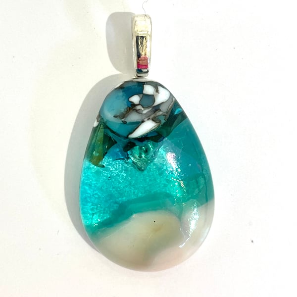 Rockpool inspired kiln formed fused glass pendant 