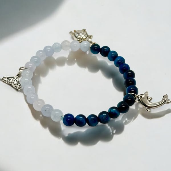 Aqua Marine and Tigers Eye Gemstone stretch Bracelet