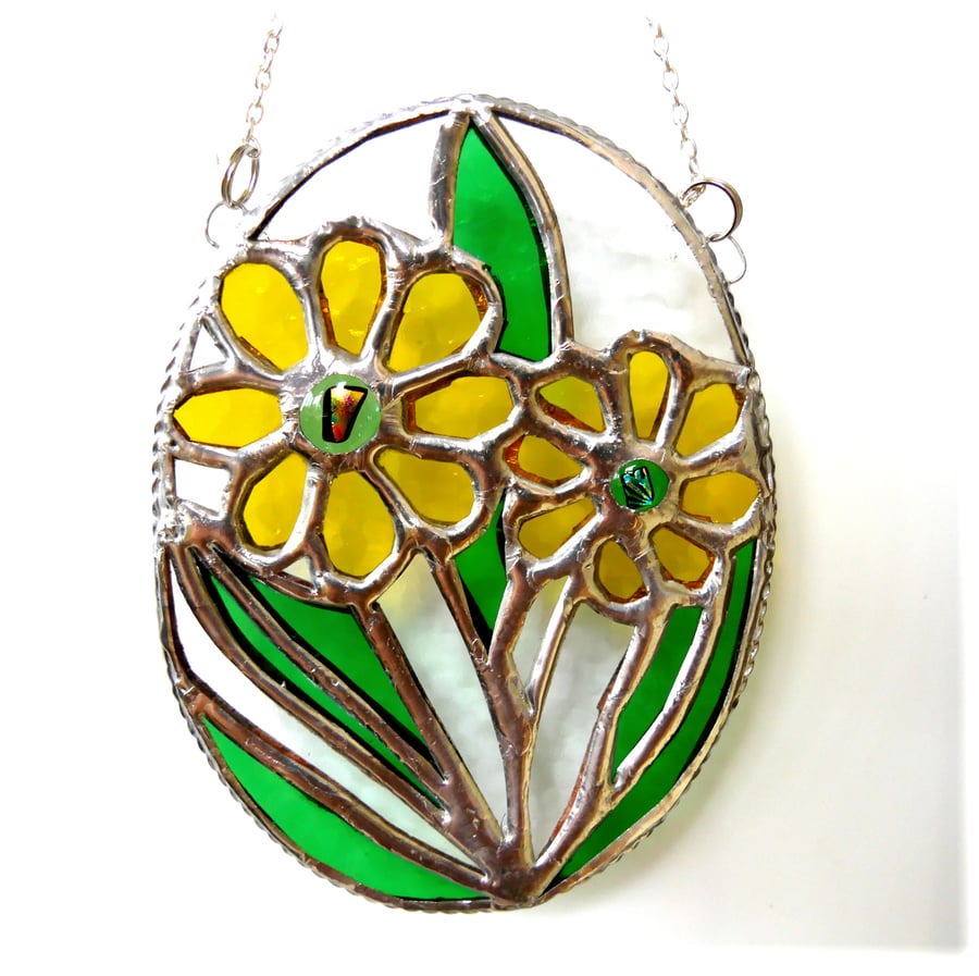 Daisy Oval Stained Glass Suncatcher  Handmade Yellow Flower