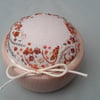 Hand Embroidered Pincushion, hand sewn pin cushion in wooden bowl, sewing gift
