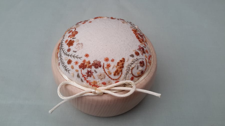 Hand Embroidered Pincushion, hand sewn pin cushion in wooden bowl, sewing gift