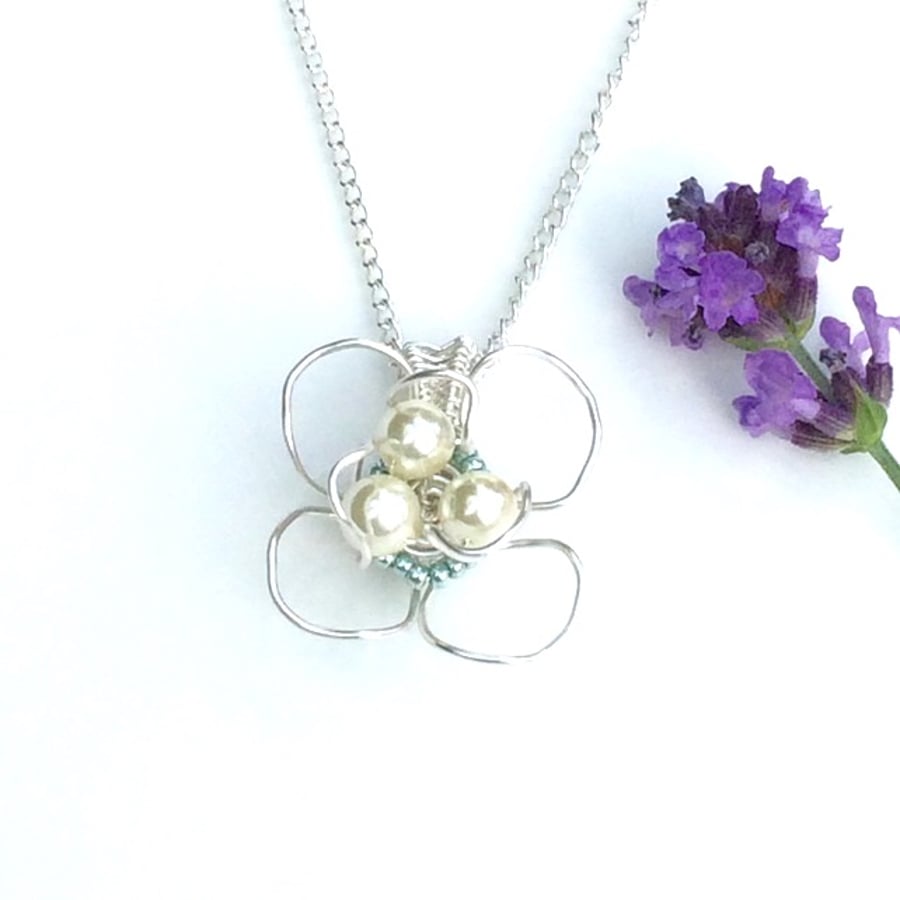 Silver Pearl Flower Pendant, Gift For Her