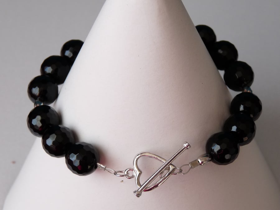 Faceted Black Onyx Bracelet With Heart Toggle Clasp - Sterling Silver