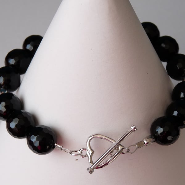 Black Onyx Heart Toggle Bracelet - Sterling Silver - Handmade 